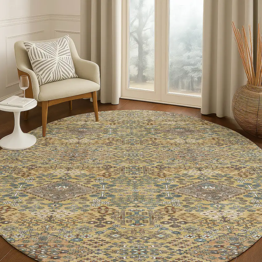 8' Gold And Copper Round Geometric Washable Indoor Outdoor Area Rug Photo 5
