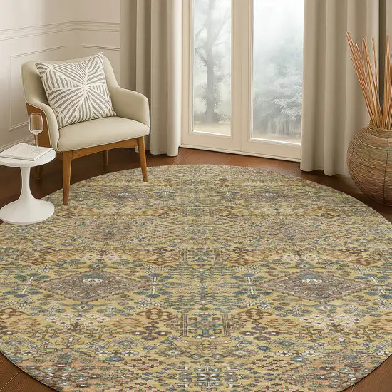 8' Gold And Copper Round Geometric Washable Indoor Outdoor Area Rug Photo 5