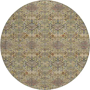 Photo of 8' Gold And Copper Round Geometric Washable Indoor Outdoor Area Rug