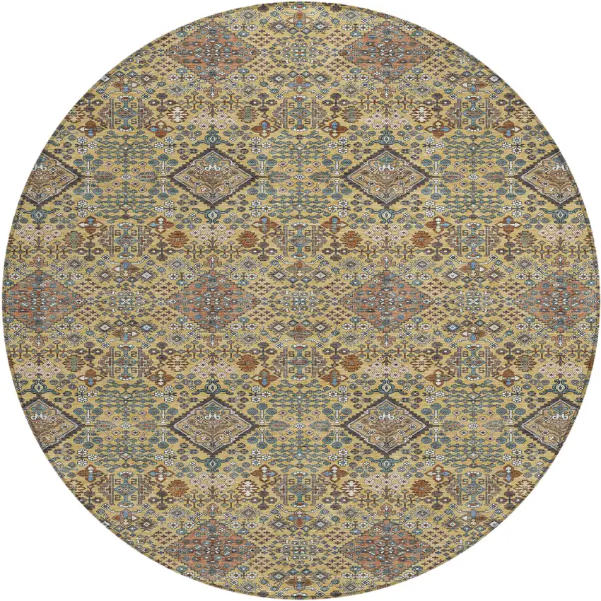 8' Gold And Copper Round Geometric Washable Indoor Outdoor Area Rug Photo 1