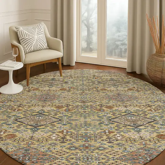 8' Gold And Copper Round Geometric Washable Indoor Outdoor Area Rug Photo 5