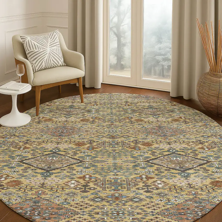 8' Gold And Copper Round Geometric Washable Indoor Outdoor Area Rug Photo 5