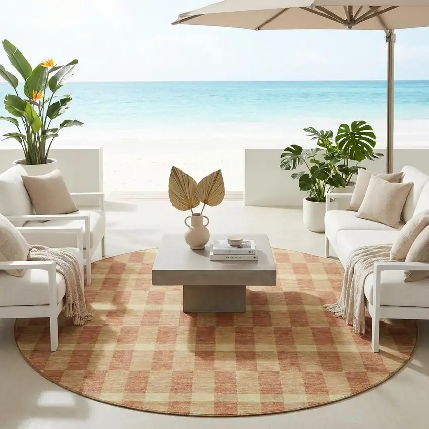 8' Gold And Copper Round Geometric Washable Indoor Outdoor Area Rug Photo 1
