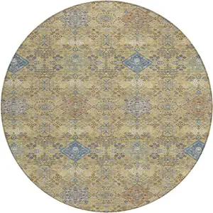 Photo of 8' Gold And Copper Round Oriental Washable Indoor Outdoor Area Rug