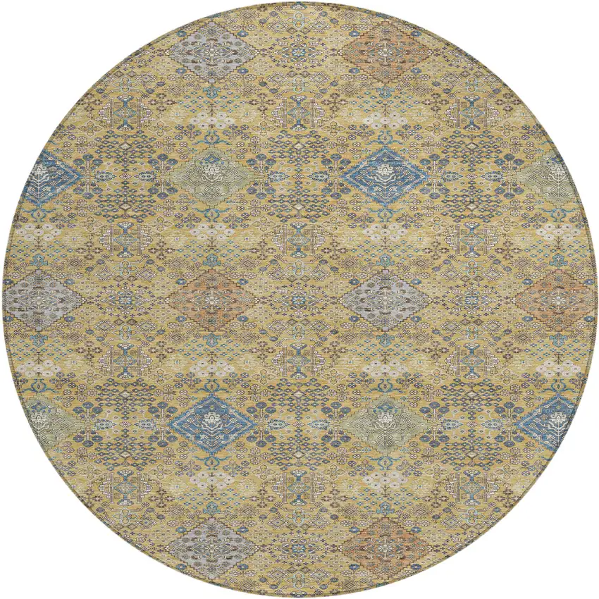 8' Gold And Copper Round Oriental Washable Indoor Outdoor Area Rug Photo 1