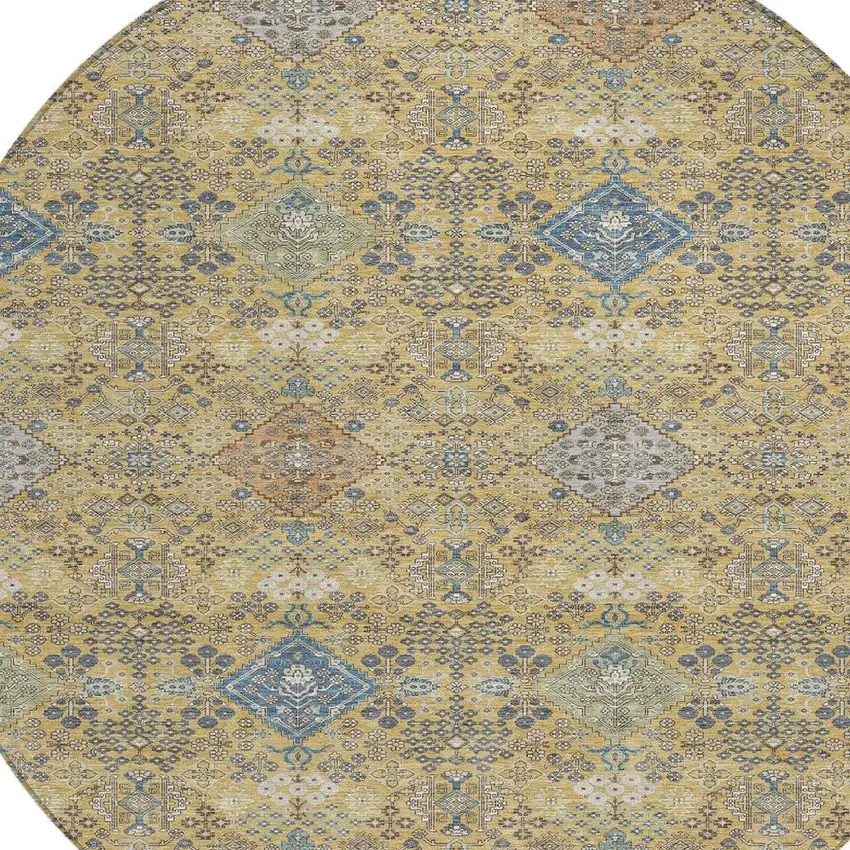 8' Gold And Copper Round Oriental Washable Indoor Outdoor Area Rug Photo 2