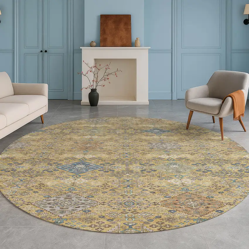 8' Gold And Copper Round Oriental Washable Indoor Outdoor Area Rug Photo 5