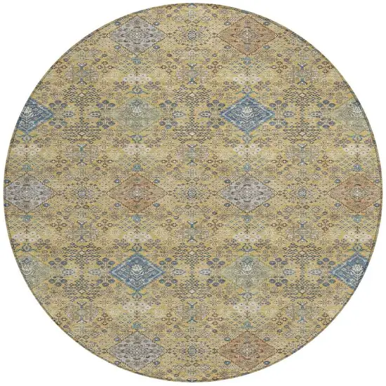 8' Gold And Copper Round Oriental Washable Indoor Outdoor Area Rug Photo 3
