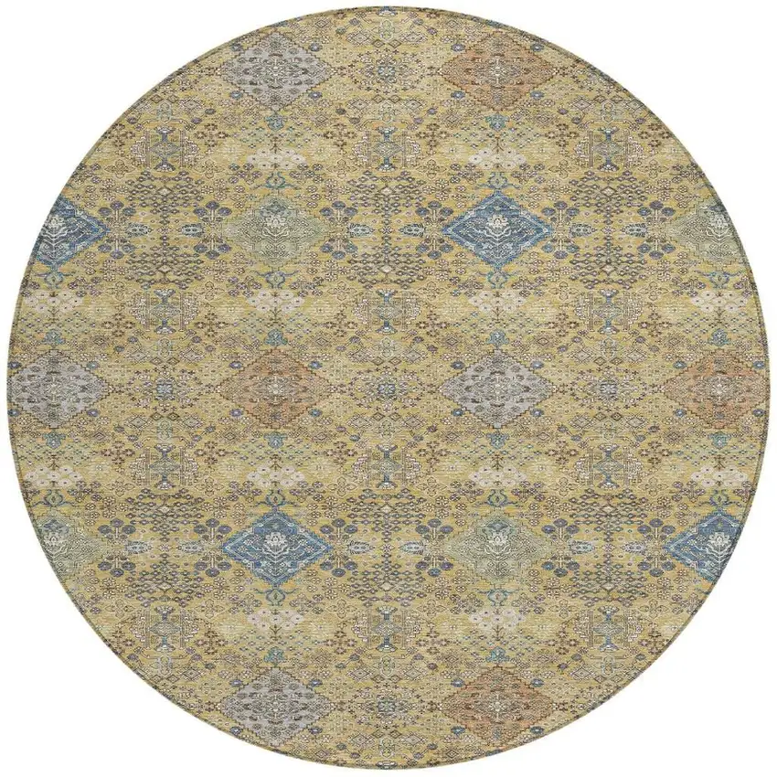 8' Gold And Copper Round Oriental Washable Indoor Outdoor Area Rug Photo 3