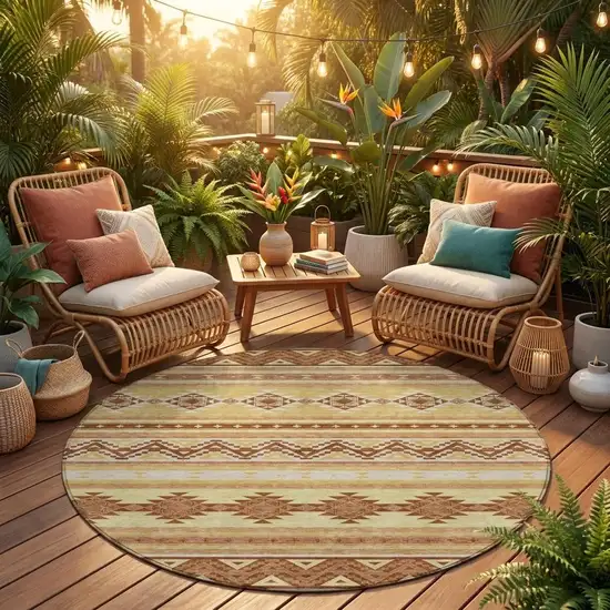 8' Gold And Copper Round Southwestern Washable Indoor Outdoor Area Rug Photo 1