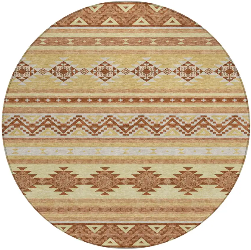 8' Gold And Copper Round Southwestern Washable Indoor Outdoor Area Rug Photo 2