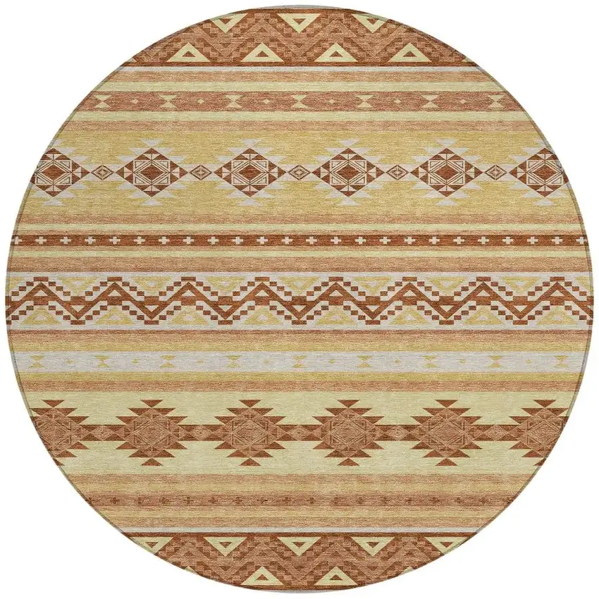 8' Gold And Copper Round Southwestern Washable Indoor Outdoor Area Rug Photo 4