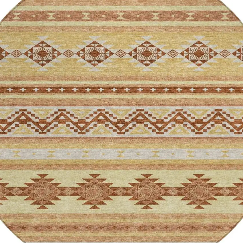 8' Gold And Copper Round Southwestern Washable Indoor Outdoor Area Rug Photo 3