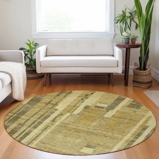 8' Gold And Dark Brown Round Striped Washable Indoor Outdoor Area Rug Photo 8
