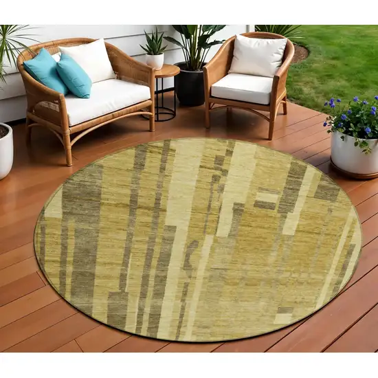 8' Gold And Dark Brown Round Striped Washable Indoor Outdoor Area Rug Photo 1