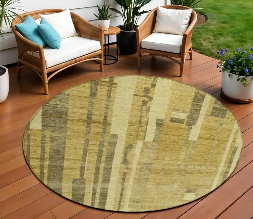 8' Gold And Dark Brown Round Striped Washable Indoor Outdoor Area Rug Photo 1