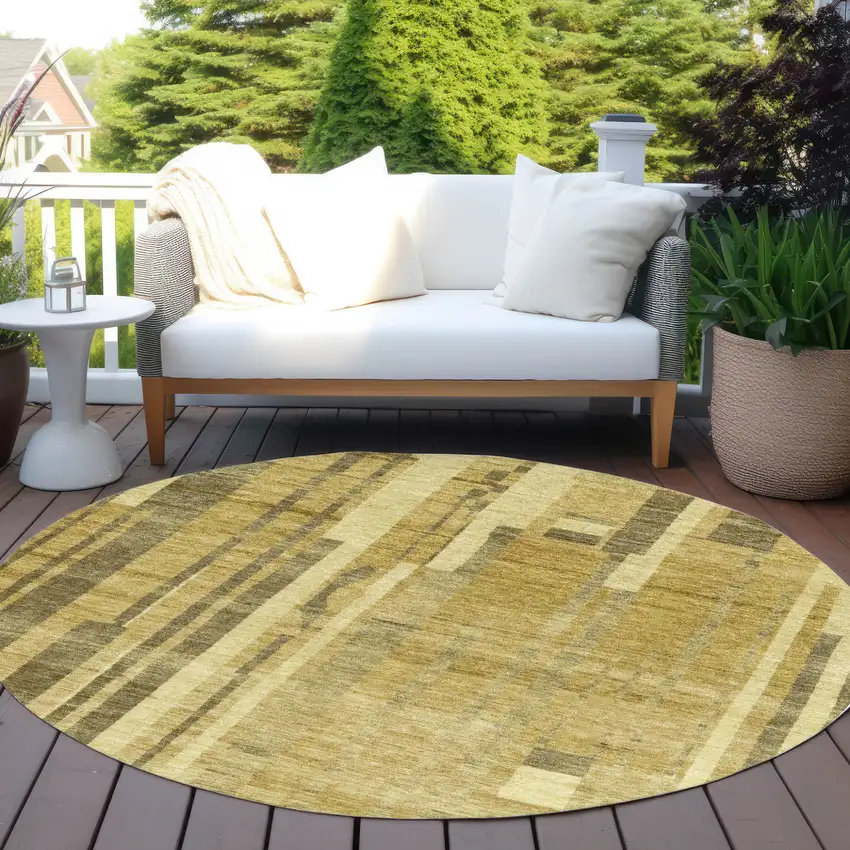 8' Gold And Dark Brown Round Striped Washable Indoor Outdoor Area Rug Photo 7
