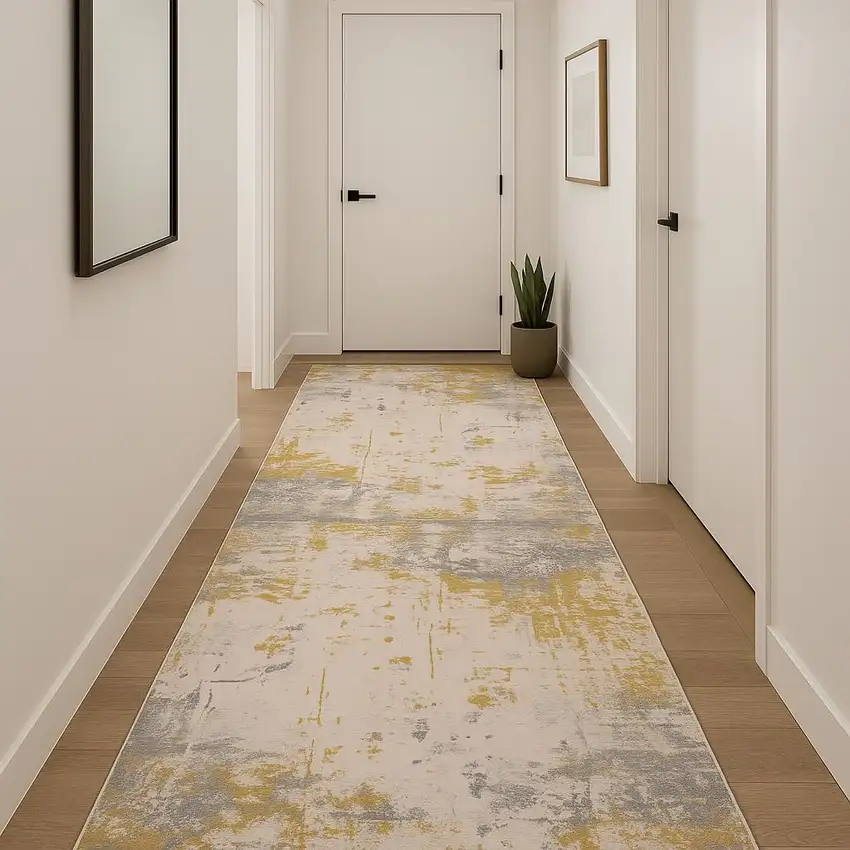 12' Gold And Gray Abstract Runner Rug Photo 1