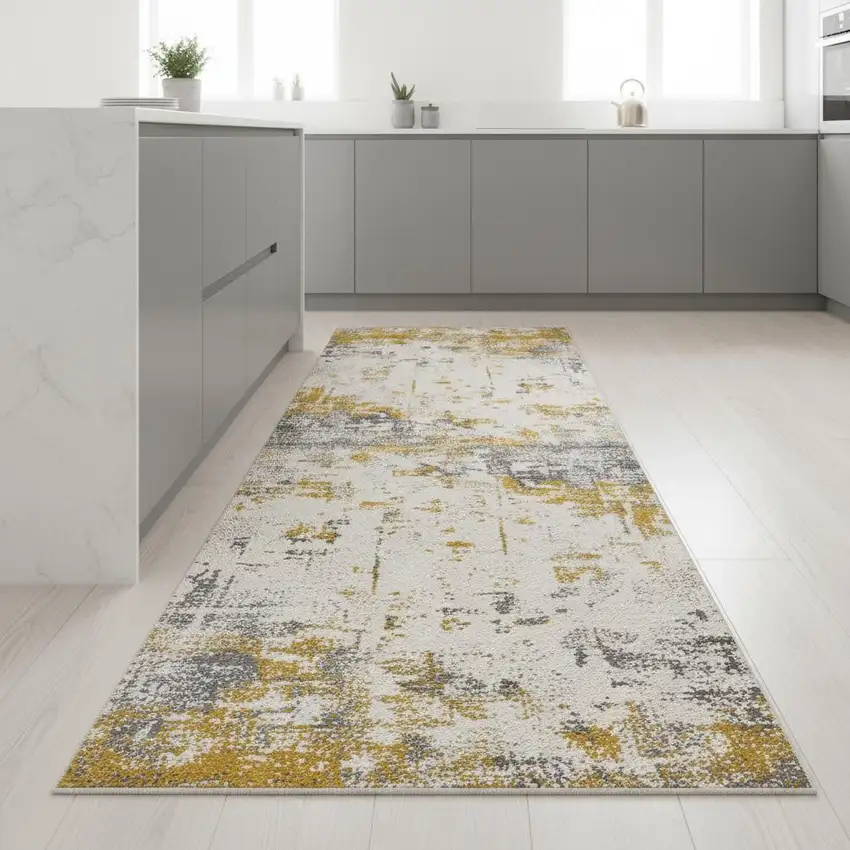 9' Gold And Gray Abstract Runner Rug Photo 1