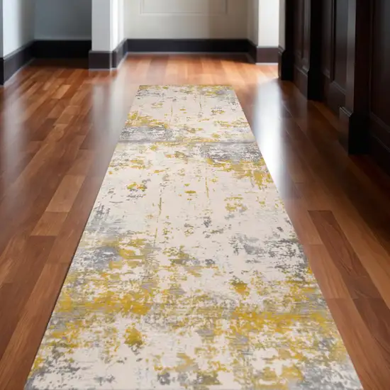 14' Gold And Gray Abstract Runner Rug Photo 1