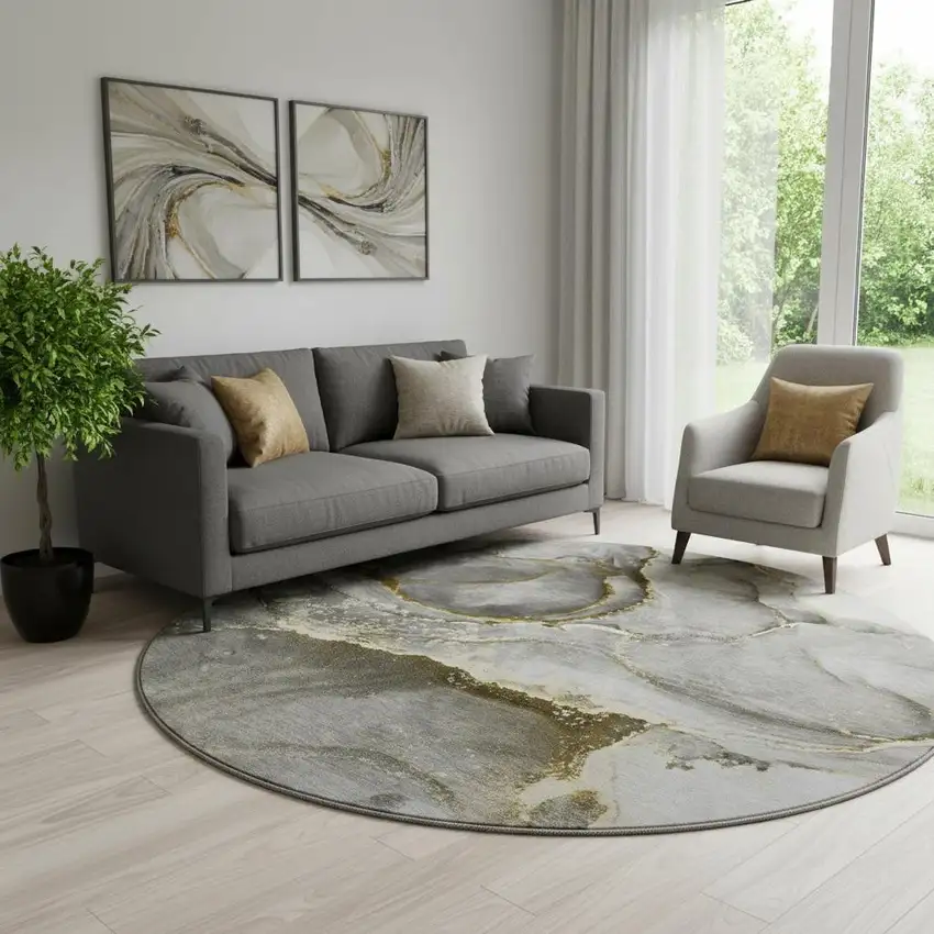 8' Gold And Gray Abstract Washable Round Rug With UV Protection Photo 1