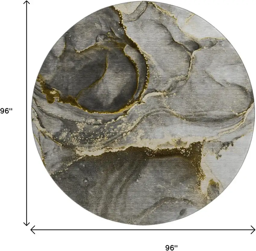 8' Gold And Gray Abstract Washable Round Rug With UV Protection Photo 3