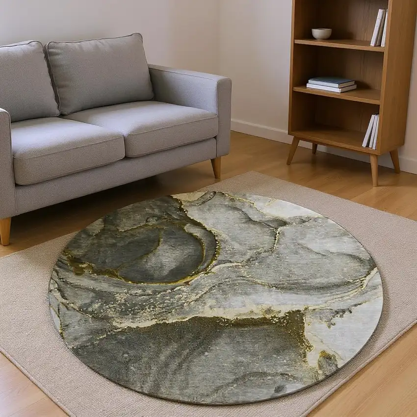 8' Gold And Gray Abstract Washable Round Rug With UV Protection Photo 2