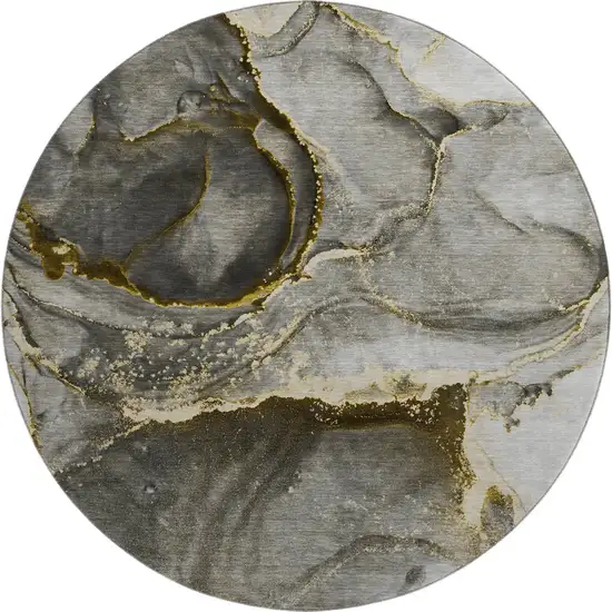 8' Gold And Gray Abstract Washable Round Rug With UV Protection Photo 1