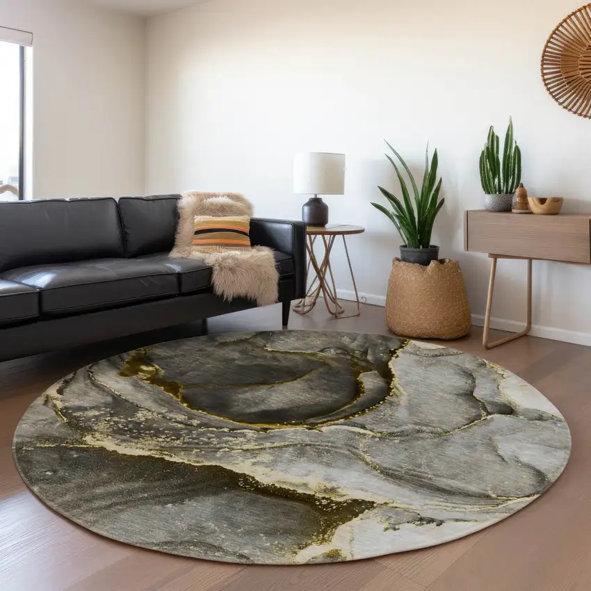 8' Gold And Gray Abstract Washable Round Rug With UV Protection Photo 5