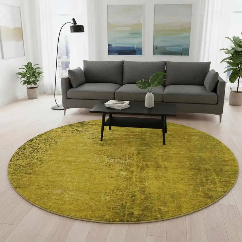 8' Gold And Gray Abstract Washable Round Rug With UV Protection Photo 2
