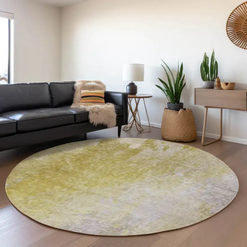 8' Gold And Gray Abstract Washable Round Rug With UV Protection Photo 4
