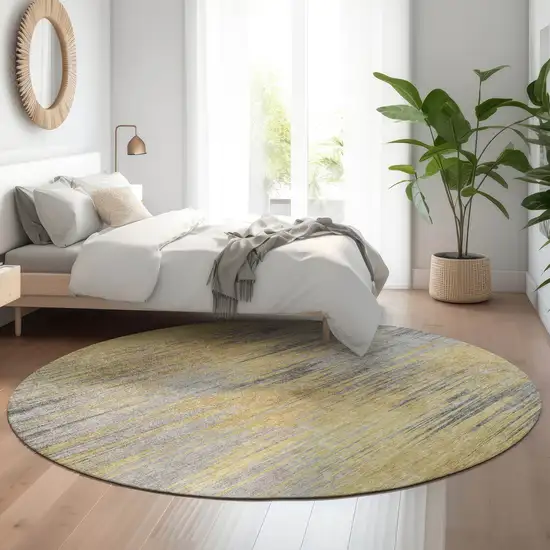 8' Gold And Gray Abstract Washable Round Rug With UV Protection Photo 5