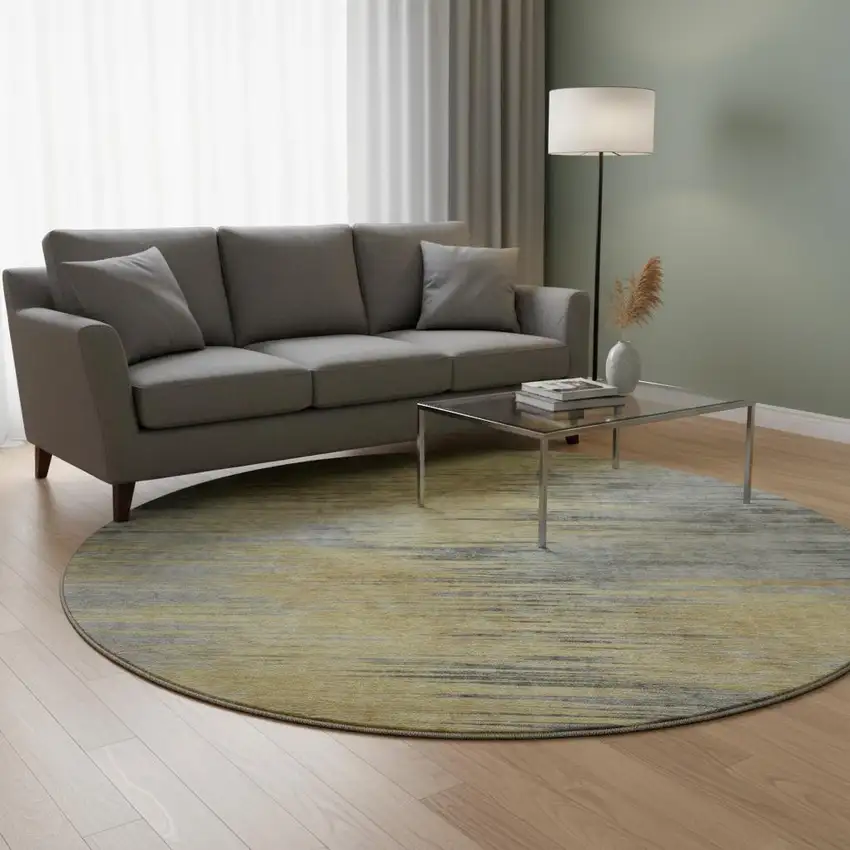 8' Gold And Gray Abstract Washable Round Rug With UV Protection Photo 2