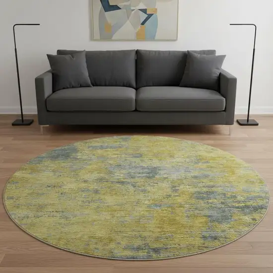 8' Gold And Gray Abstract Washable Round Rug With UV Protection Photo 2
