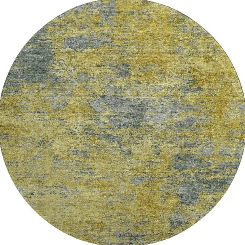 8' Gold And Gray Abstract Washable Round Rug With UV Protection Photo 2