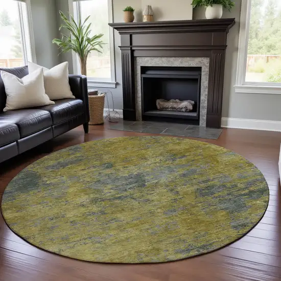 8' Gold And Gray Abstract Washable Round Rug With UV Protection Photo 4