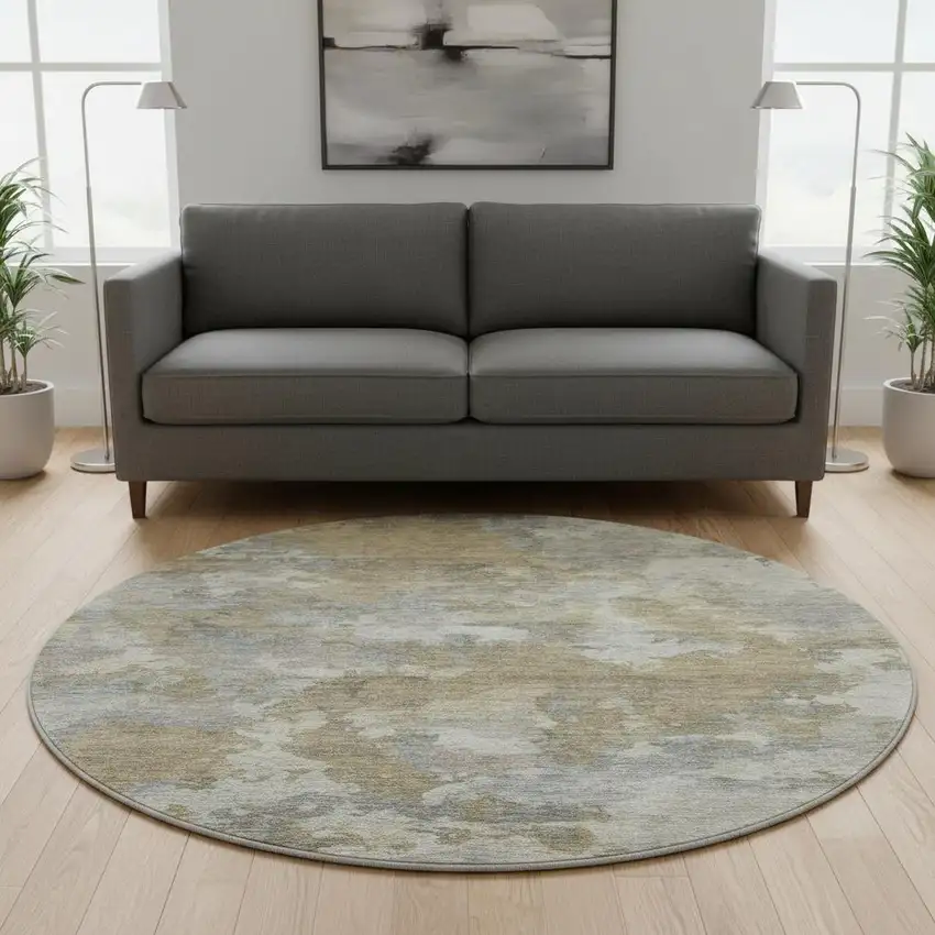 8' Gold And Gray Abstract Washable Round Rug With UV Protection Photo 2