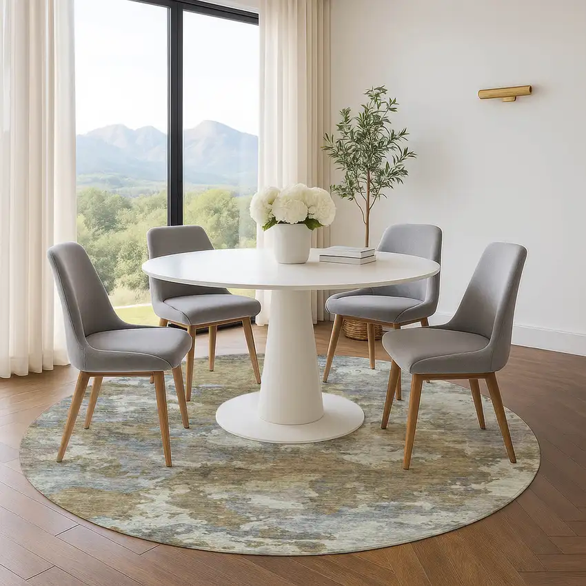 8' Gold And Gray Abstract Washable Round Rug With UV Protection Photo 5