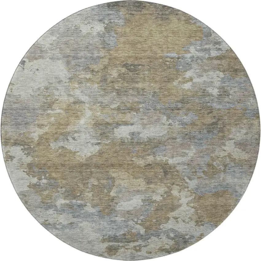 8' Gold And Gray Abstract Washable Round Rug With UV Protection Photo 4