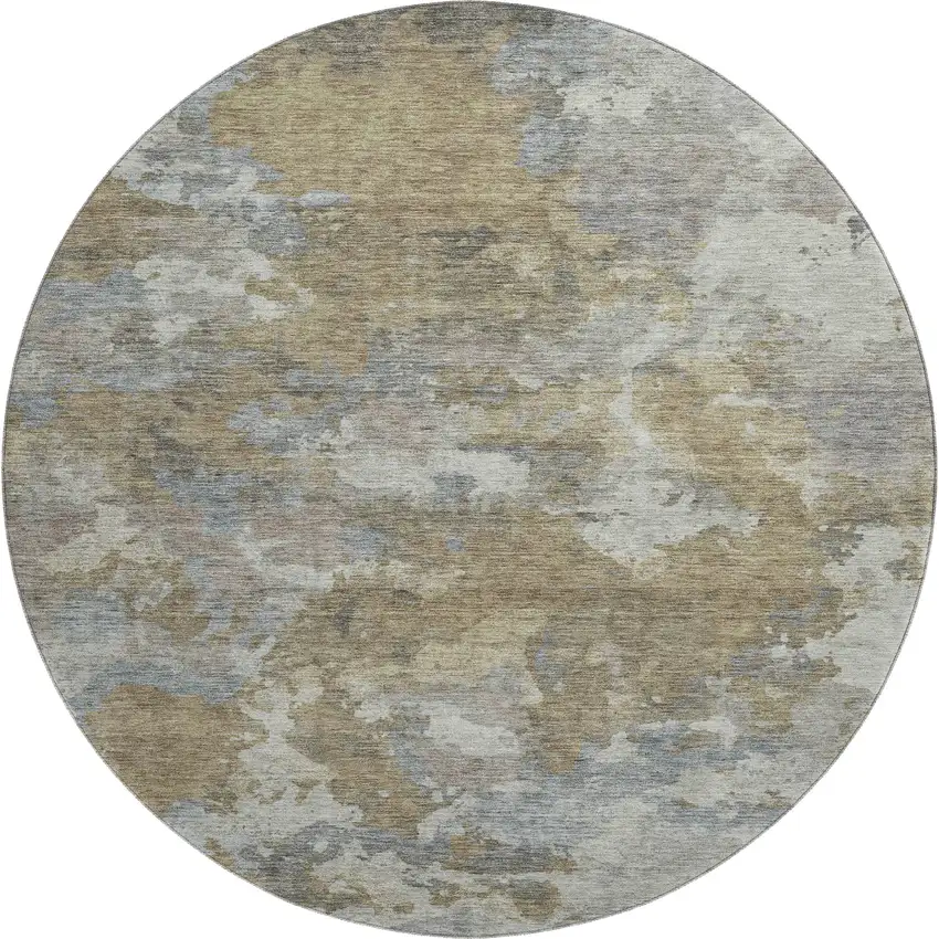 8' Gold And Gray Abstract Washable Round Rug With UV Protection Photo 1