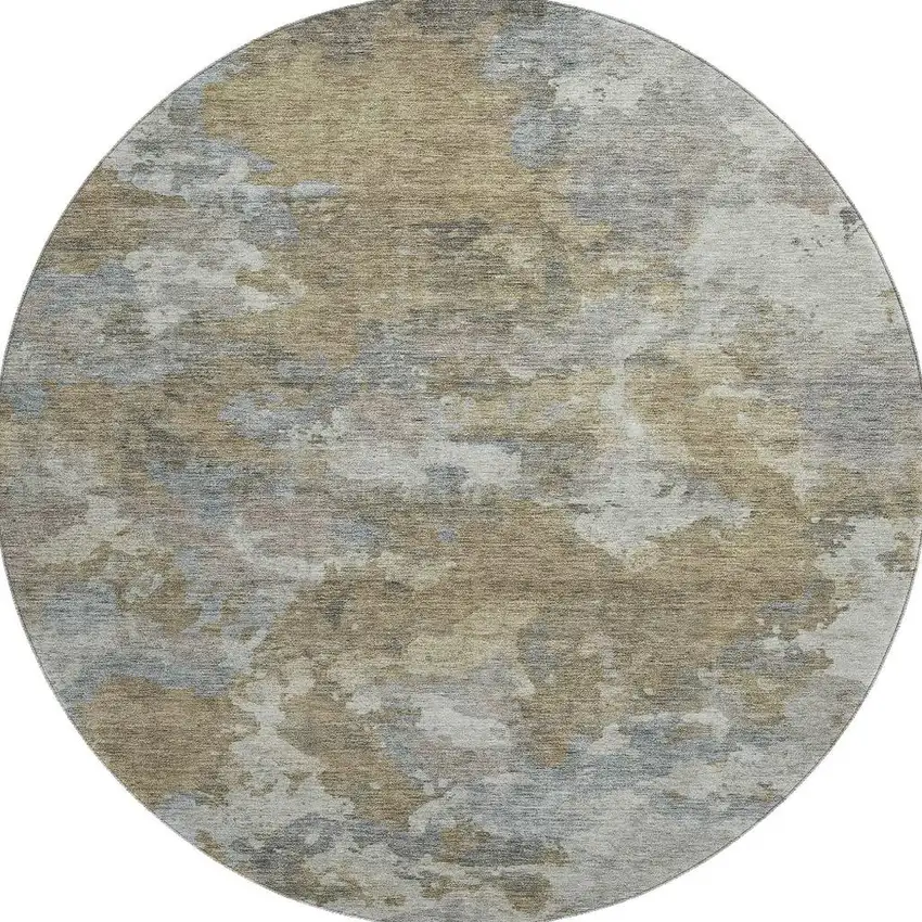 8' Gold And Gray Abstract Washable Round Rug With UV Protection Photo 3