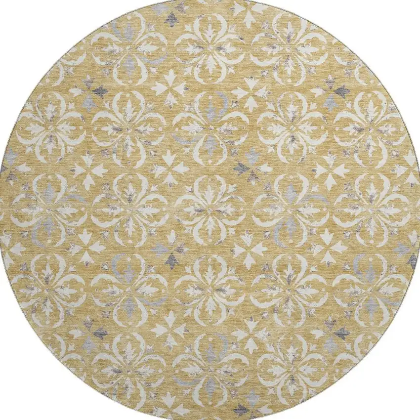 8' Gold And Gray Floral Washable Round Rug With UV Protection Photo 2