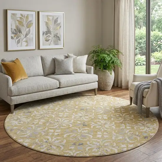 8' Gold And Gray Floral Washable Round Rug With UV Protection Photo 1