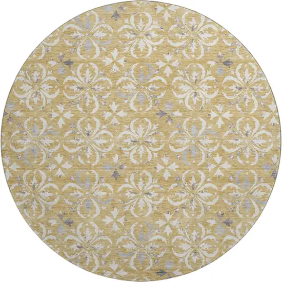 8' Gold And Gray Floral Washable Round Rug With UV Protection Photo 1