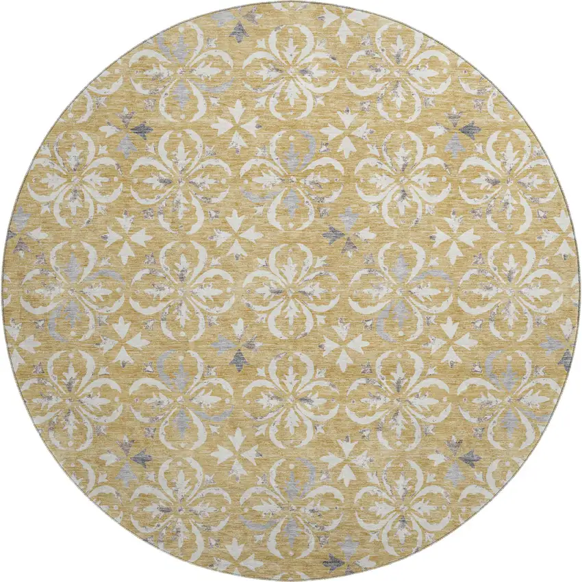 8' Gold And Gray Floral Washable Round Rug With UV Protection Photo 1