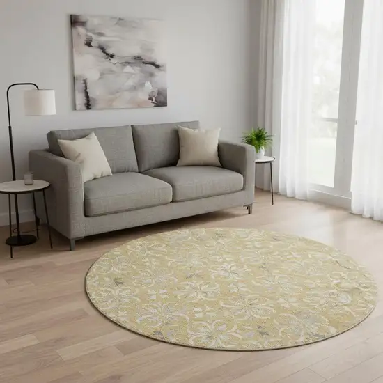 8' Gold And Gray Floral Washable Round Rug With UV Protection Photo 2