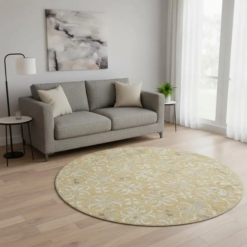 8' Gold And Gray Floral Washable Round Rug With UV Protection Photo 2
