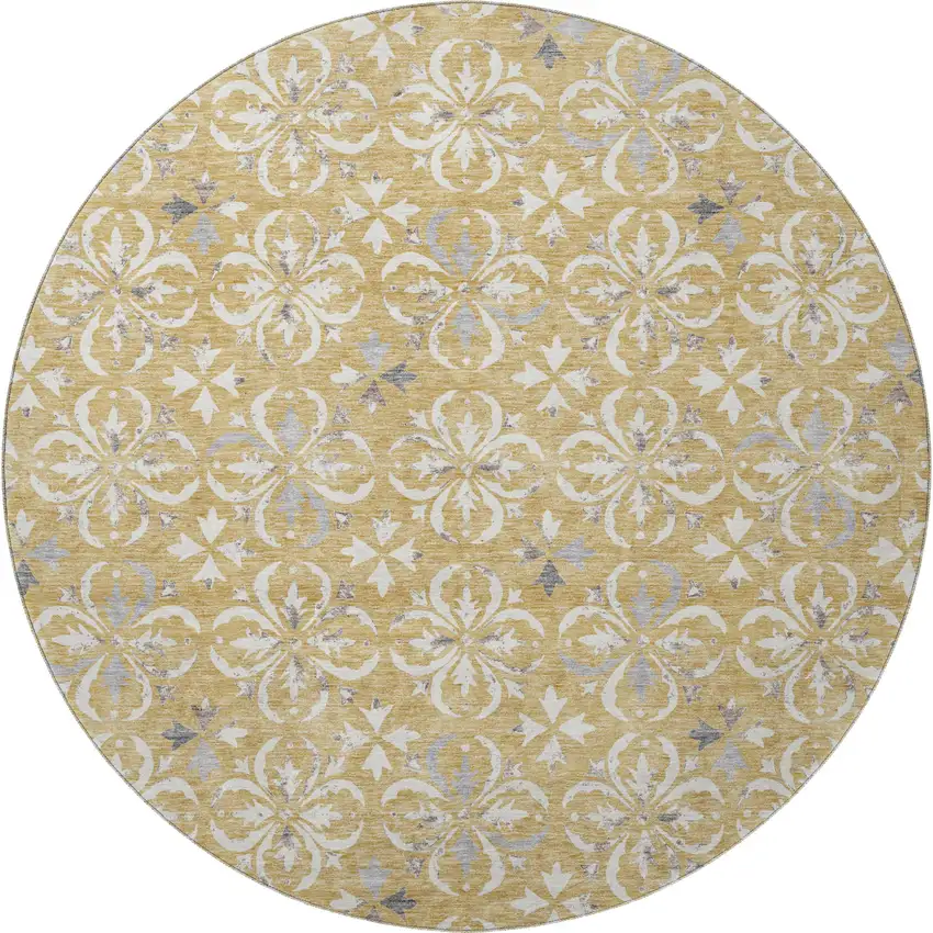 8' Gold And Gray Floral Washable Round Rug With UV Protection Photo 3
