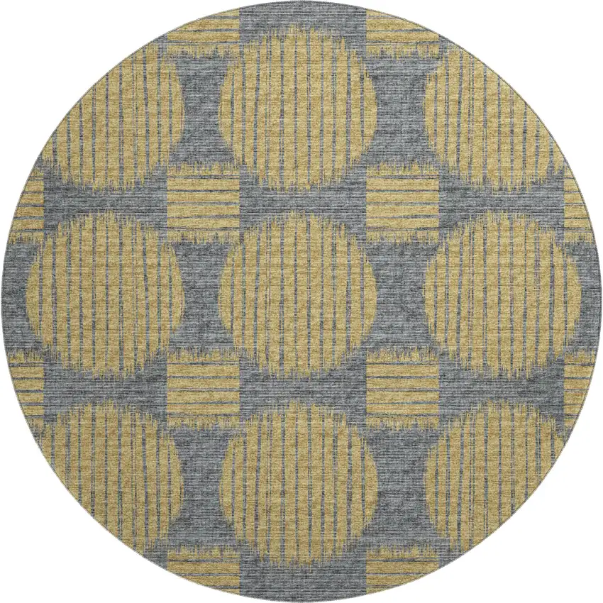8' Gold And Gray Geometric Washable Round Rug With UV Protection Photo 2