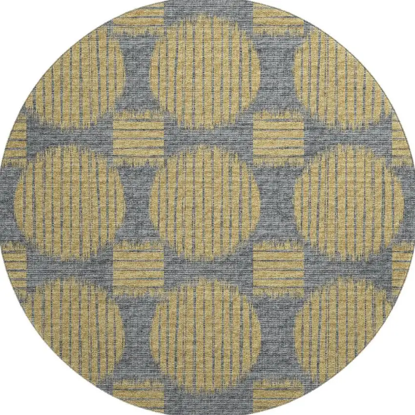 8' Gold And Gray Geometric Washable Round Rug With UV Protection Photo 4